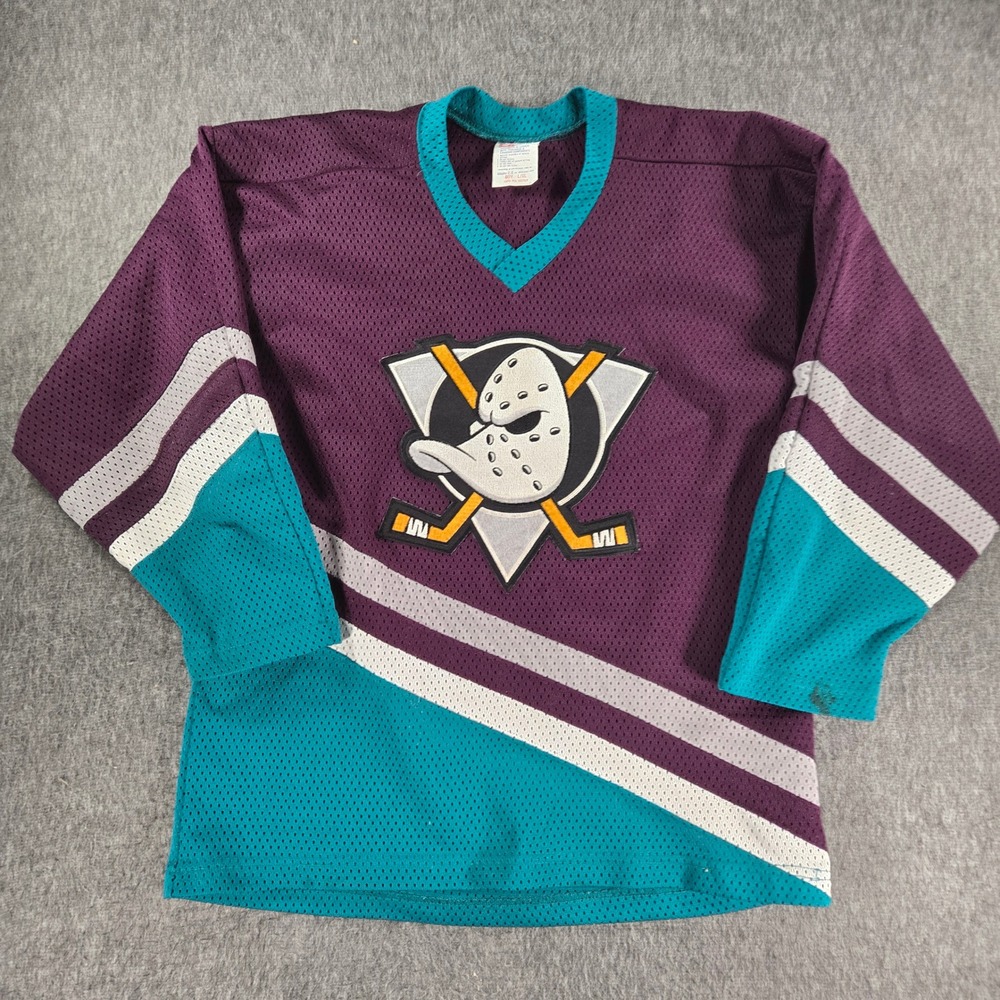 Vintage Mighty Ducks CCM Hockey Jersey Boys L/XL Purple Teal Mesh V-Neck